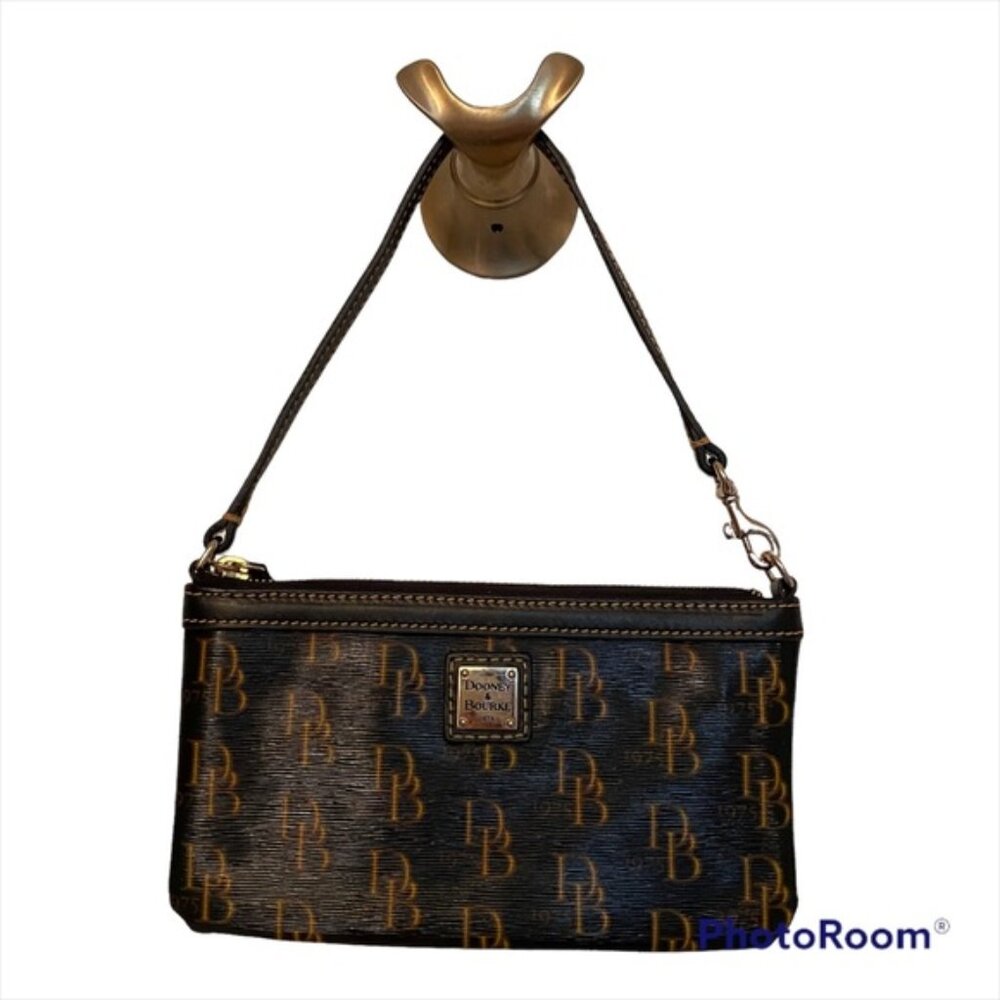 DOONEY & BOURKE WRISTLET BAG SIGNATURE DB LOGO BLACK BROWN LARGE SLIM ZIP TOP
